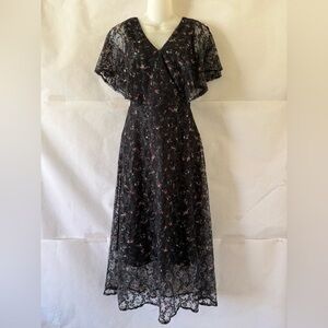 LCW Vision Black Floral Lace Midi Dress Size M Flutter Sleeve Whimsigoth Witchy